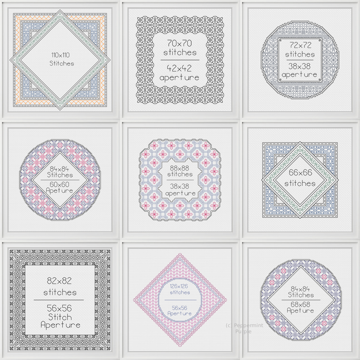 10 Frame Set & 4 Backstitch Fonts Blackwork Pattern by Peppermint Purple