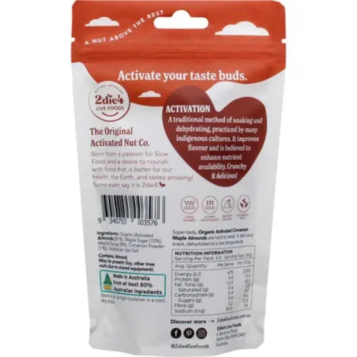 2DIE4 LIVE FOODS Organic Activated Almonds Cinnamon Maple 100g - L'Organic