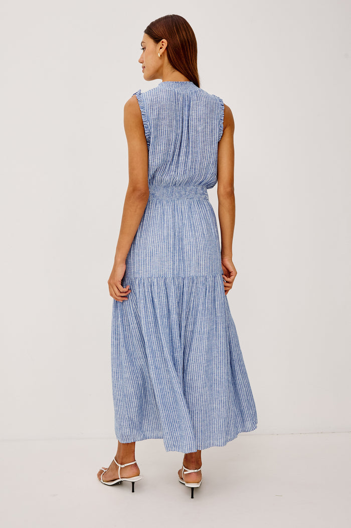 Alessa Midi Skirt in Heavy Linen With Wide Smocked Waistband and A-Line Silhouette in Barletta Stripe Colorway - Full Body Back View Featured on Model