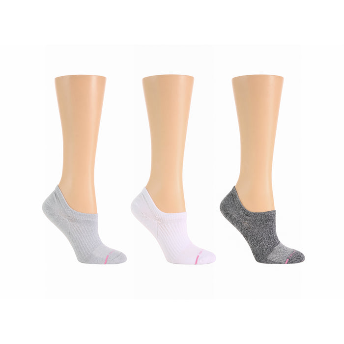 Three pairs of liner compression socks in gray, white, and dark gray displayed on mannequin legs.