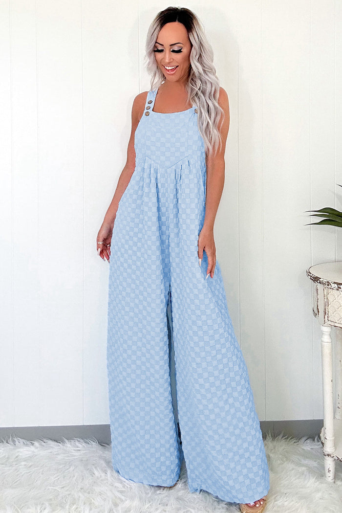 Beau Blue Checkered Pocketed High Waist Wide Leg Overall Dungarees - Bottoms/Jumpsuits & Rompers
