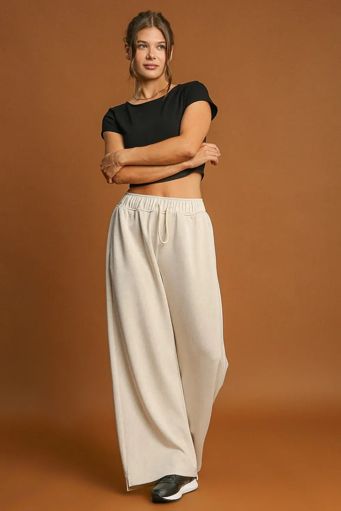 Beige Loop Drawstring Casual Wide Leg Trousers - Bottoms/Joggers