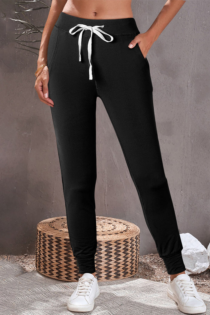 Black Drawstring Waist Pocketed Joggers - Bottoms/Joggers