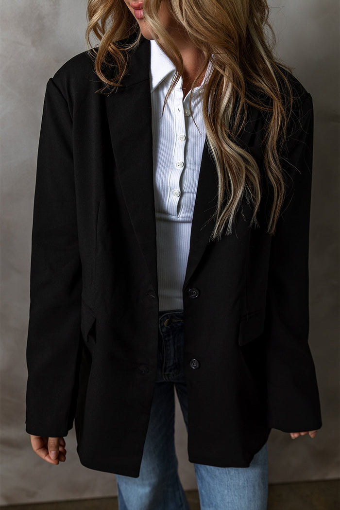 Black Lapel Flap Pocket Buttoned Blazer - Outerwear/Blazers
