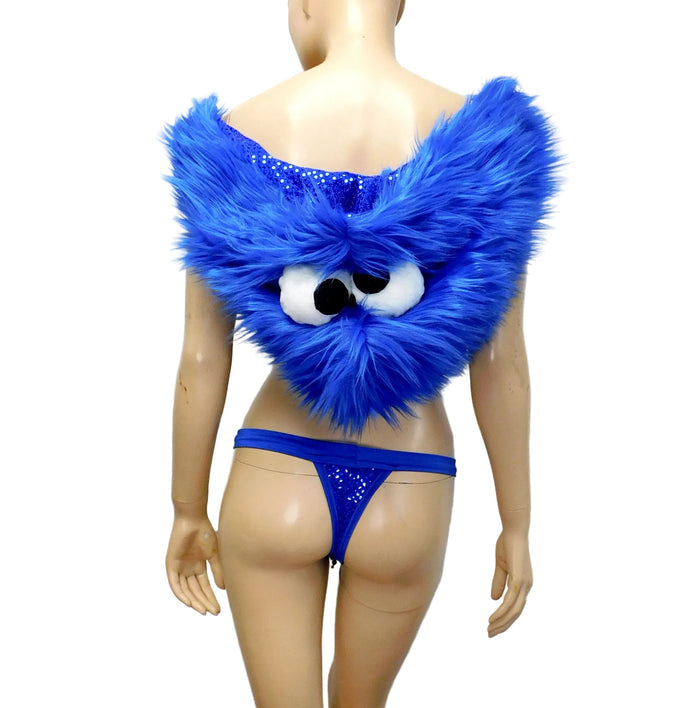 Blue Fuzzy Monster Dance Festival Cosplay Costume Detachable Fur Hood, Bra and Thong