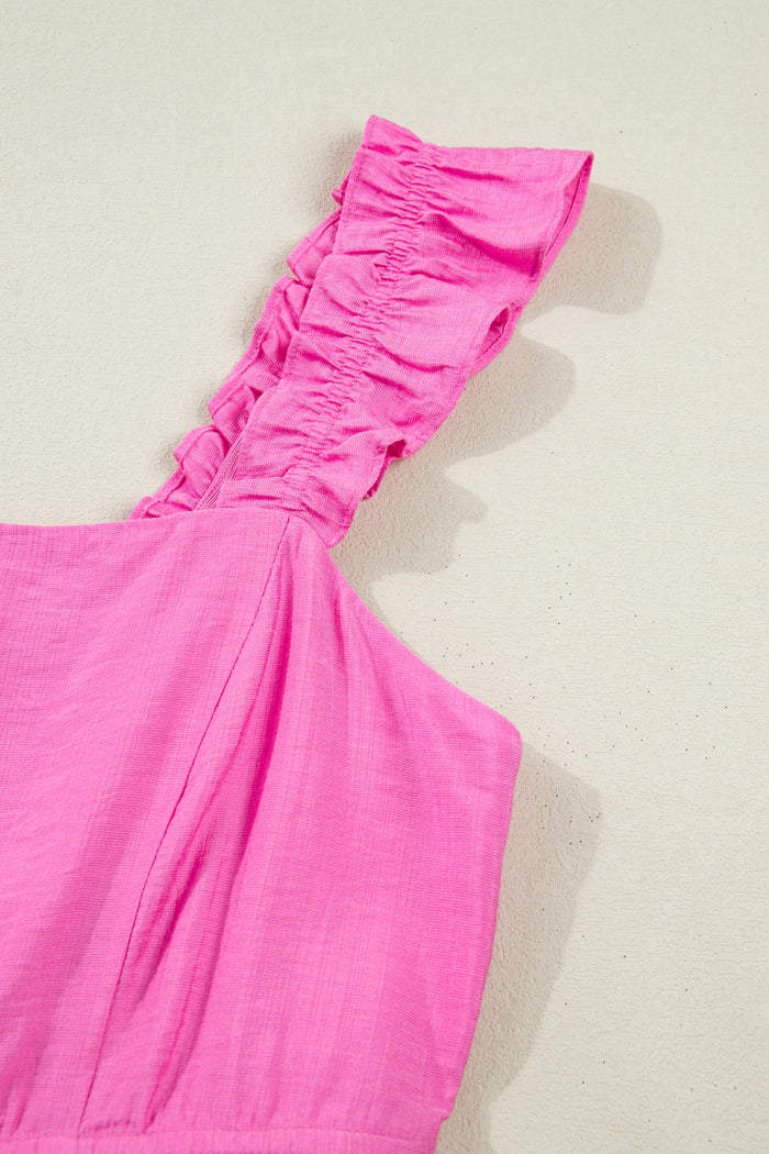 Bonbon Solid Color Ruffle Trim High Waist Sleeveless Maxi Dress
