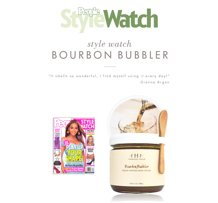 People StyleWatch feature showcasing Bourbon Bubbler Liquor Infused Body Polish | Farmhouse Fresh with a wooden spoon, highlighting skincare and body care benefits.