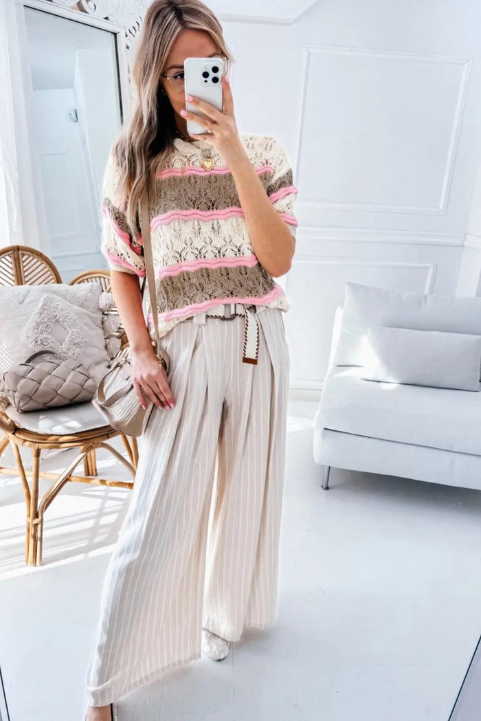 Brown Stripe Colour Block Hollow Out Crochet Half Sleeve Sweater - Sweaters & Cardigans/Short