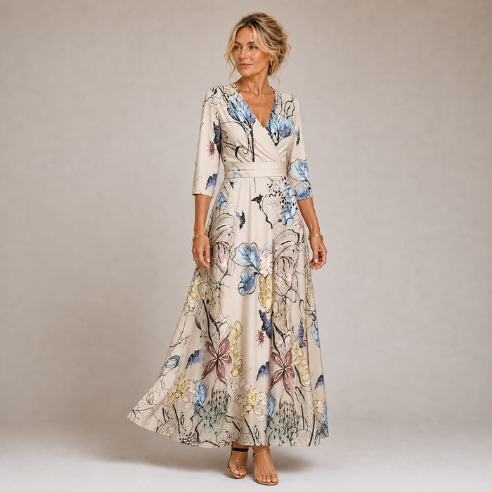 Candela - Lang Creme Kjole med Blomsterprint og Krydsede Udsnit