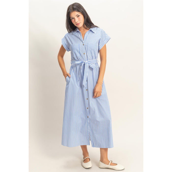 DZ - Striped, Poplin, Belted, Shirt Dress w Pockets 129 - Blue