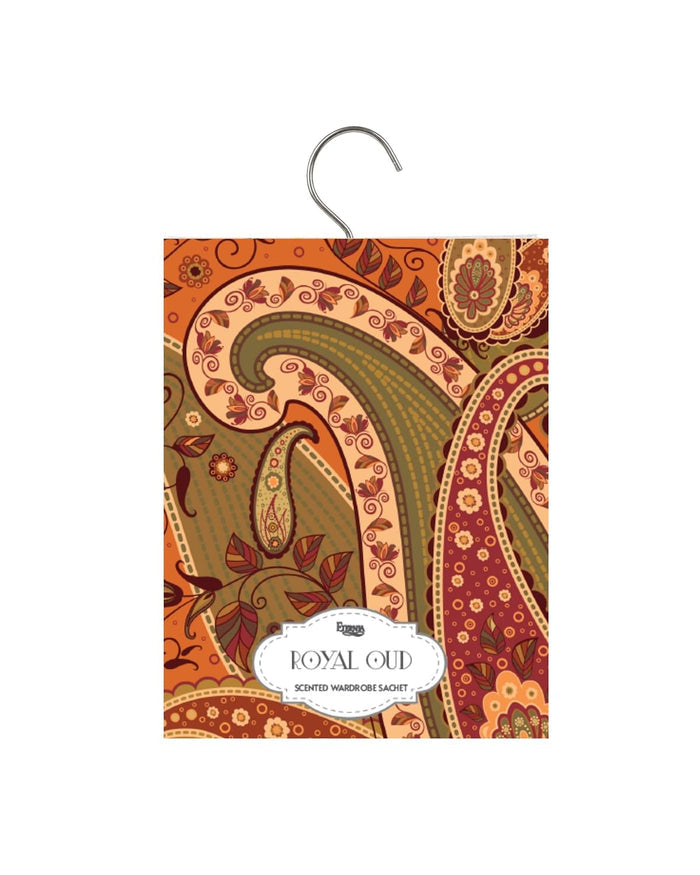 Eternia® Royal Oud scented wardrobe sachet in ornate paisley paper pouch with hanging hook