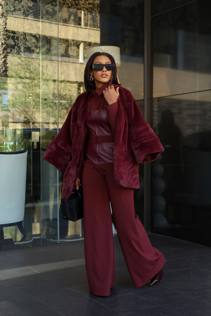 Fabrosanz: Burgundy PU Leather Pinstripe Jumpsuit