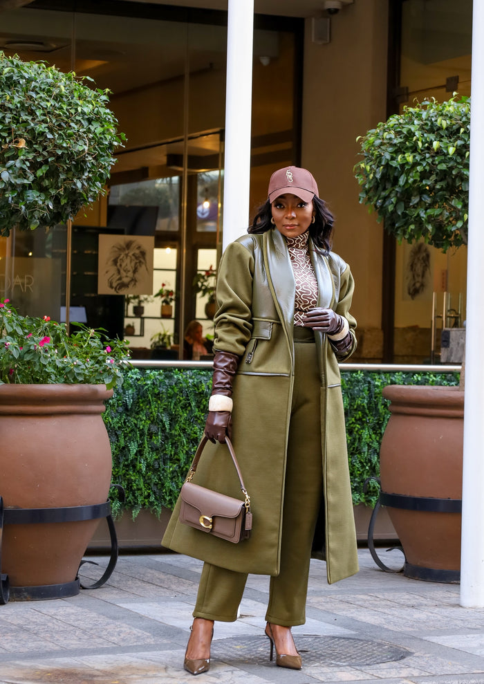 Fabrosanz: Olive Green Melton PU Leather Coat