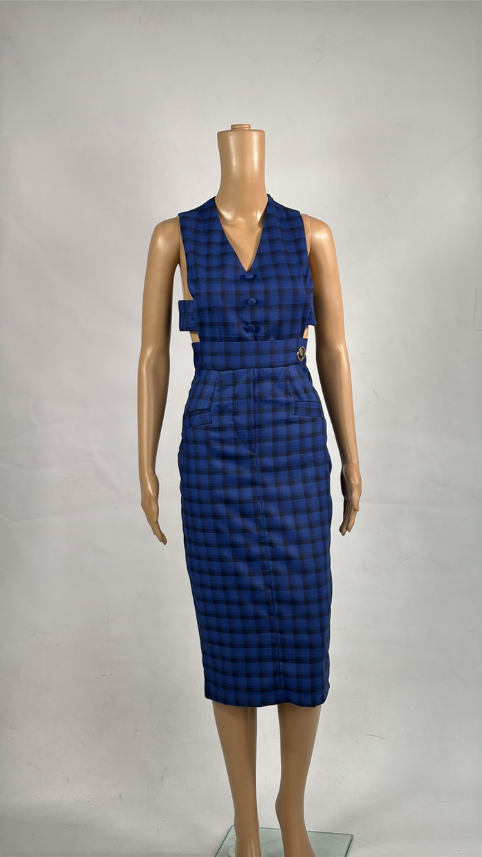 blue check midi dress, cut-out tailored dress for women, FabroSanz workwear dress, sleeveless business dress South Africa, power pencil dress, fashion-forward formalwear, structured check dress, modern tailored midi