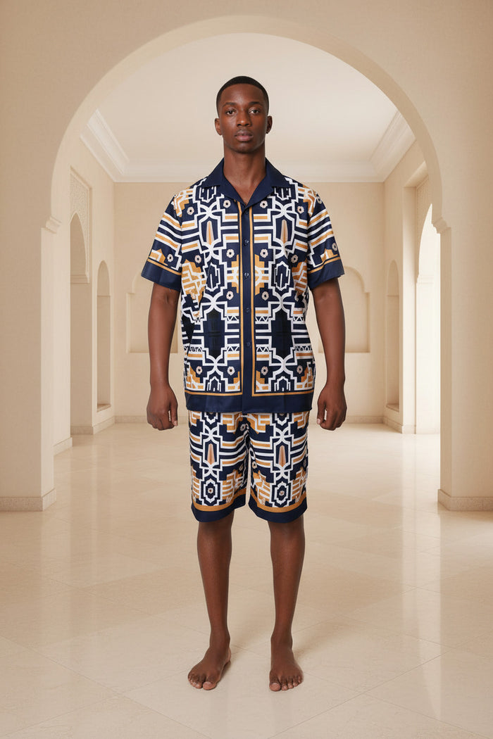 African print men’s set, Tshwane print shirt and shorts, FabroSanz menswear, African designer clothing for men, modern heritage menswear, bold summer outfits South Africa, African street style fashion, coordinated African print sets