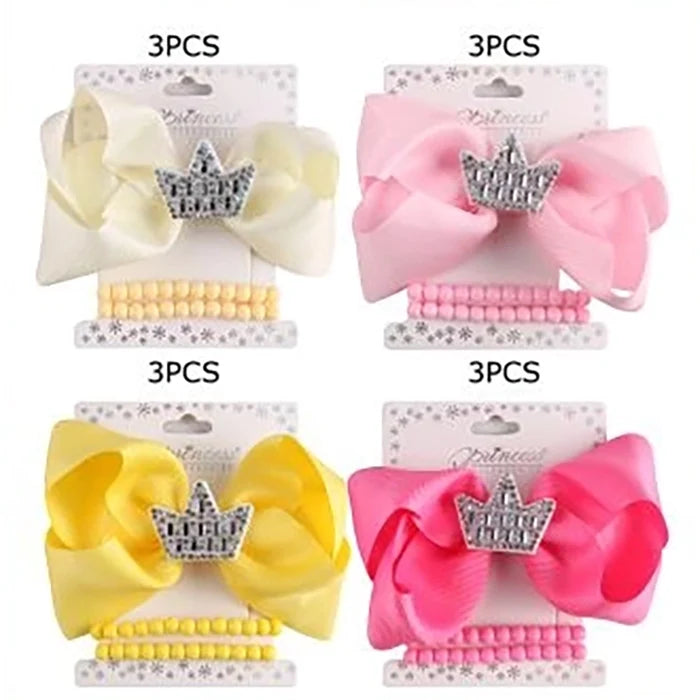 Girls 3-Piece Princess Accessory Set | 12cm Grosgrain Ribbon Hair Bow Clip & Beaded Stretch Bracelets | Cute Toddler & Kids Fashion Jewelry Gift (TK-1160S)