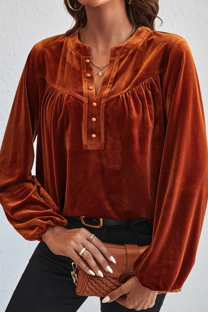 Gold Flame Lantern Sleeve Beaded Split V Neck Velvet Top - Tops/Blouses & Shirts