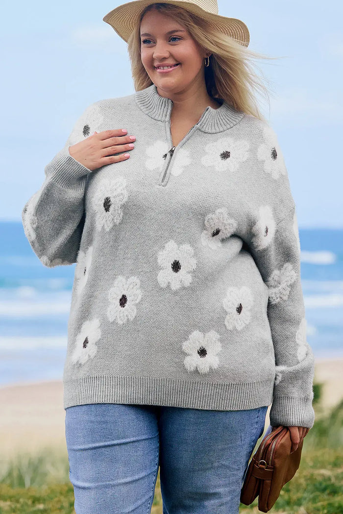 Gray Plus Size Embroidered Floral Pattern Half Zip Sweater - Size/Plus Sweaters & Cardigans