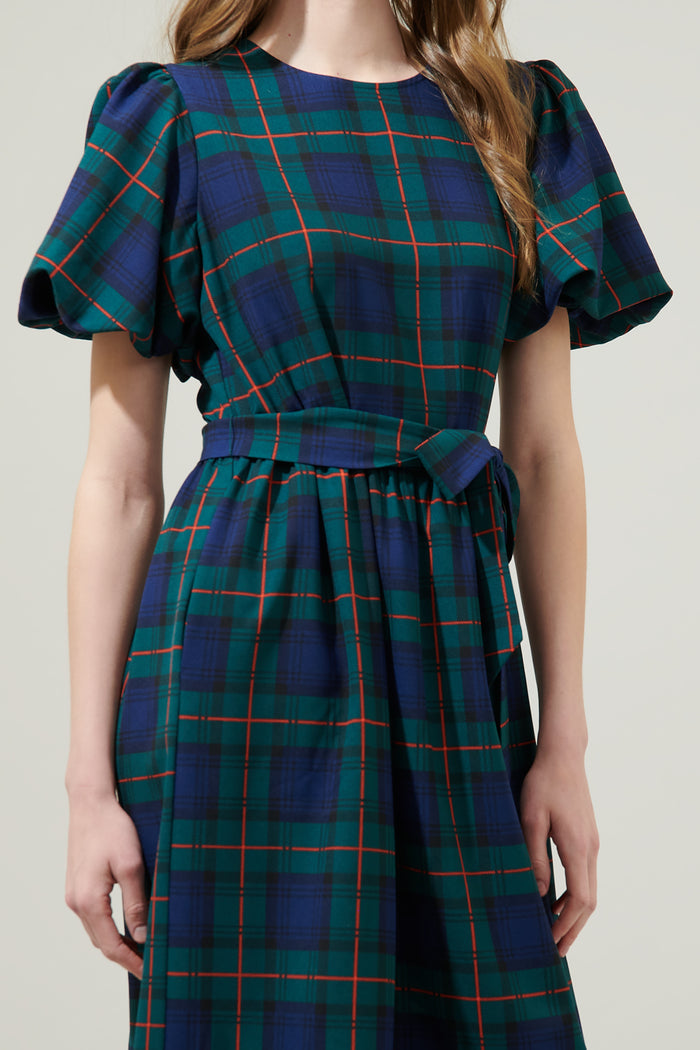 Hudson Plaid Palomino Bubble Sleeve Midi Dress