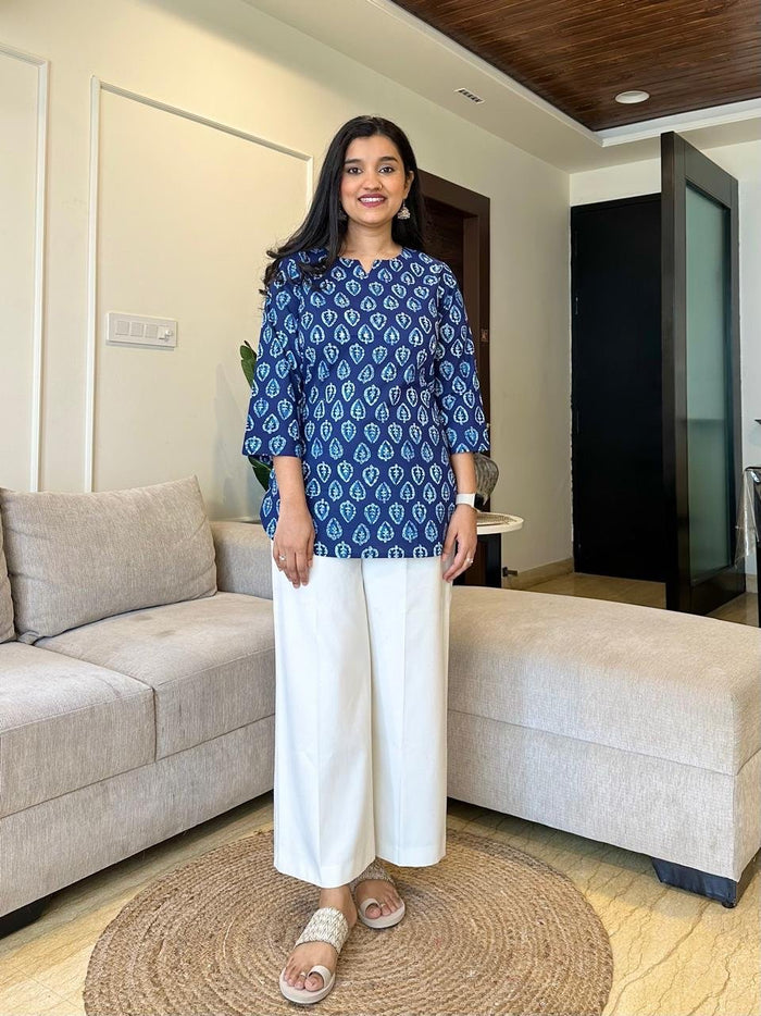 Krishi Short Cotton Top- Indigo Boota
