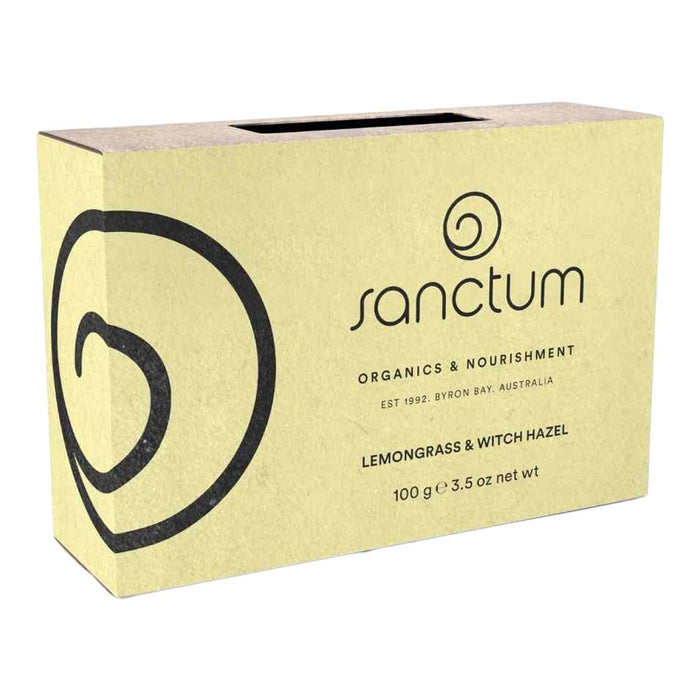 Sanctum soap bar packaging with lemongrass and witch hazel ingredients on a white background.