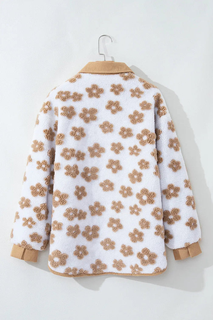 Light French Beige Cute Flower Pattern Button Up Fleece Jacket - Outerwear/Jackets