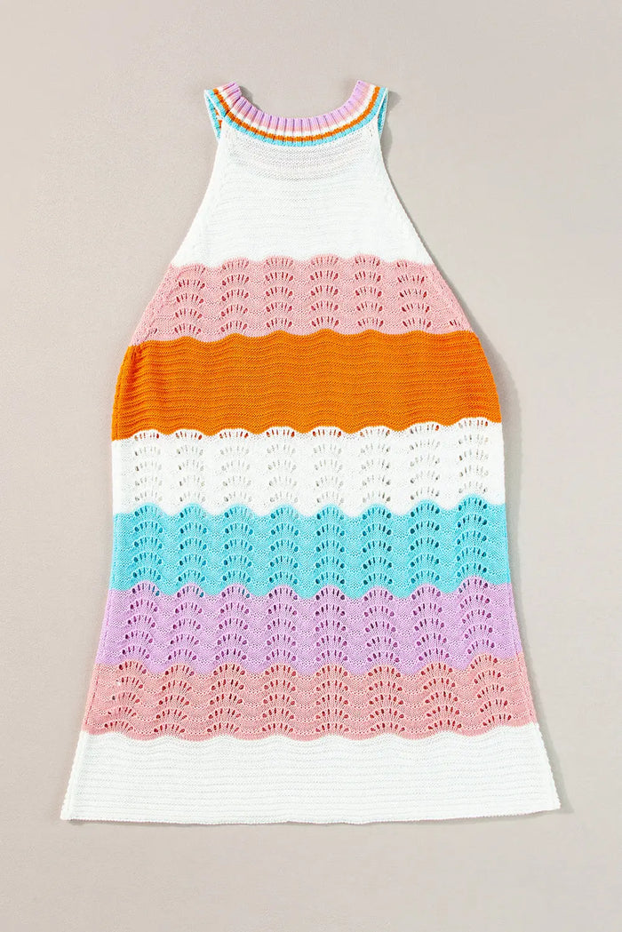 Multicolour Wavy Striped Print Textured Knit Sleeveless Sweater Top - Tops/Tank Tops