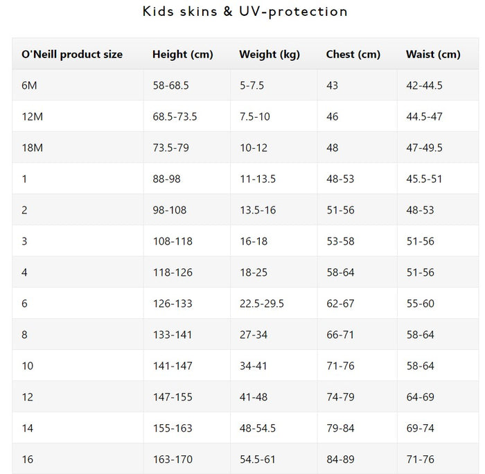 O'Neill Thermo-X Kid's Thermal Top Size chart