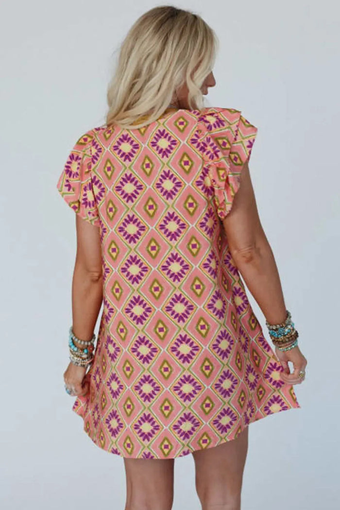 Orange Geometric Floral V Neck Buttoned Ruffled Sleeve Mini Dress - Dresses/Mini Dresses