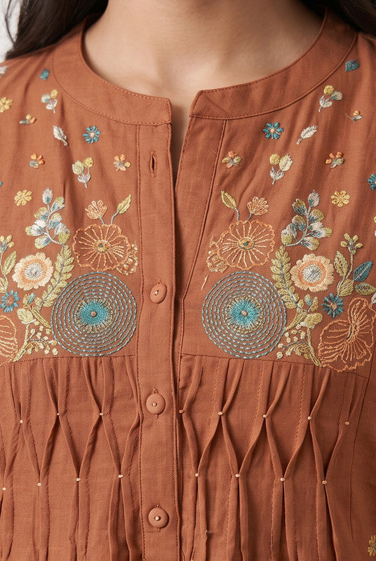 Peach Ethnic Floral Designer Embroidered Cotton Flex Kurta with Relaxed Pants