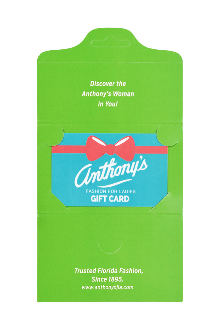 A physical gift card from Anthony's Ladies Apparel with a green envelope and a card that features the brand's logo and a red ribbon.