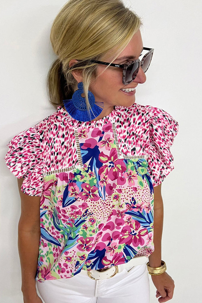 Pink Floral Mixed Print Ruffle Cap Sleeve Blouse - Tops/Blouses & Shirts