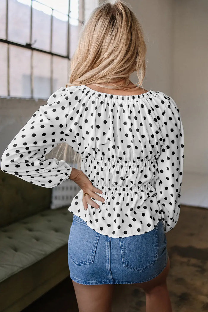 Black Polka Dot Puff Sleeve Bow Square Neck Peplum Top - Tops/Blouses & Shirts