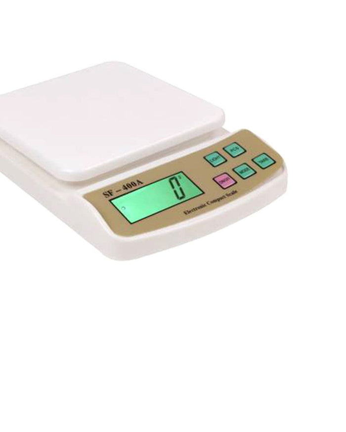 White digital kitchen scale with LCD reading and control button panel