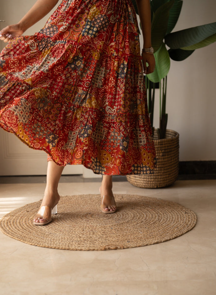 Prisha Tiered Maxi Dress- Red Mix