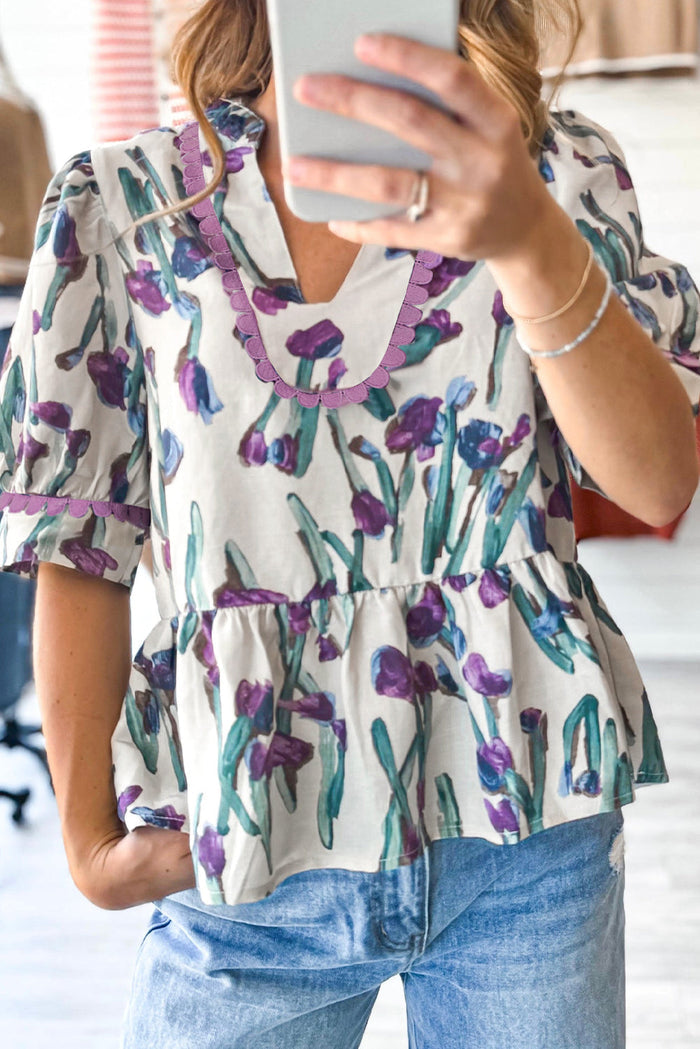 Purple Floral Ricrac Trim Half Sleeve Peplum Top - Tops/Blouses & Shirts
