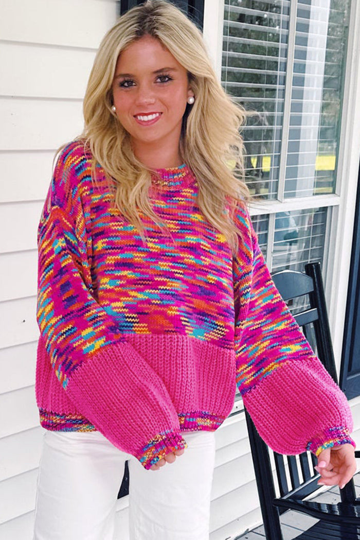 Bright Pink Rainbow Confetti Drop Shoulder Sweater - Sweaters & Cardigans/Sweaters
