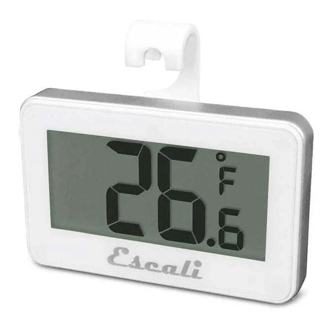 A digital refrigerator/freezer thermometer with a white casing and a digital screen displaying the temperature in both Fahrenheit and Celsius scales. The brand 'Escali' is visible on the device.