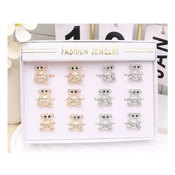Sparkling Rhinestone Teddy Bear Statement Ring – Cute Fashion Jewelry for Women & Girls (Gold & Silver Tone) (ARI1197)