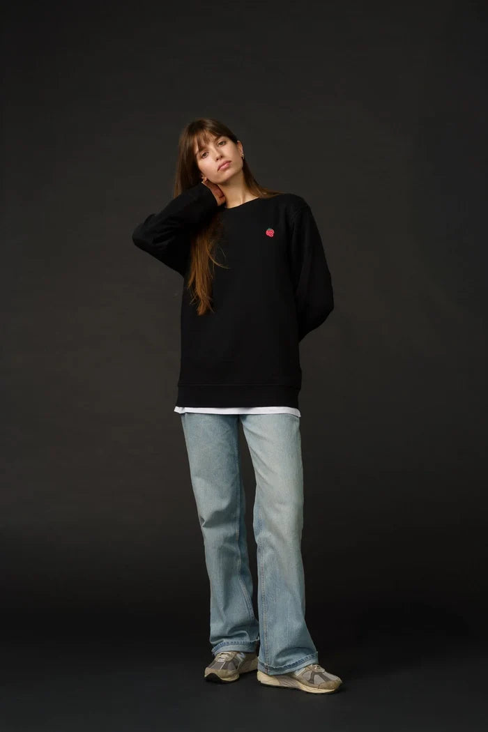 Black embroidered sweatshirt with strawberry design, unisex sustainable fashion piece.