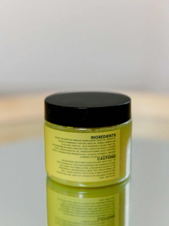 Turmeric scrub for dark spots with organic turmeric, kojic acid, sugar exfoliant, and moisturizing oils in an 8 oz oily formula for brightening and even skin tone