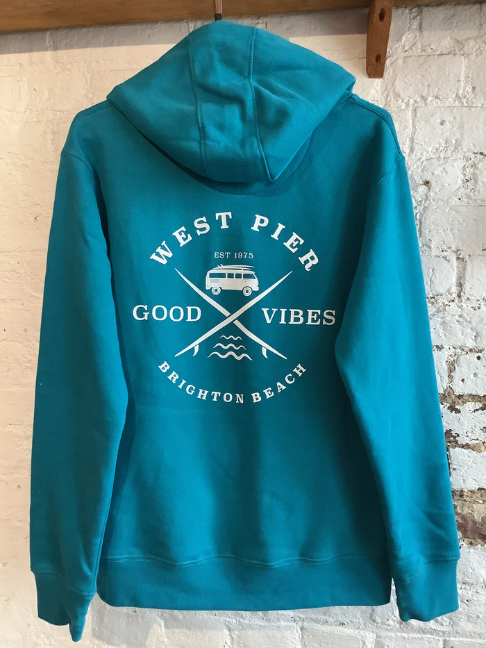 West Pier Hoodie - ‘West Pier - Good Vibes - Brighton Beach’ - Camper Van Logo - Caribbean Blue