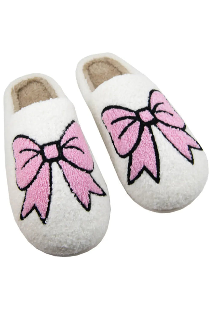 White Cute Bowknot Pattern Fuzzy Winter Home Slippers - Shoes & Bags/Slippers