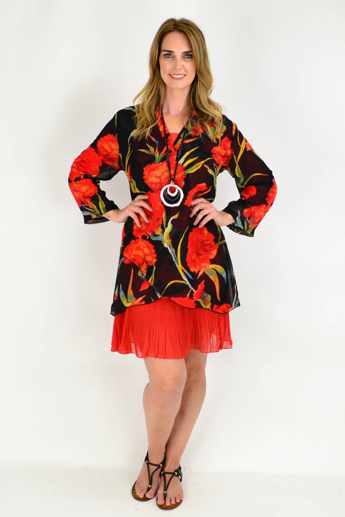 White floral button-up sleeve tunic shirt from whispers, featuring a relaxed fit and delicate floral pattern.