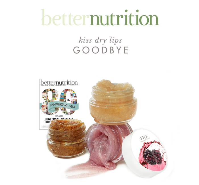 Three open jars of exfoliating lip polish with a pink creamy texture and brown sugar scrub, alongside a magazine cover, promoting Whoopie® Lip Polish | Farmhouse Fresh for soft, hydrated lips