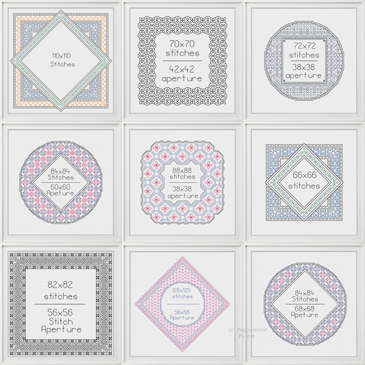 10 Frame Set & 4 Backstitch Fonts Blackwork Pattern by Peppermint Purple