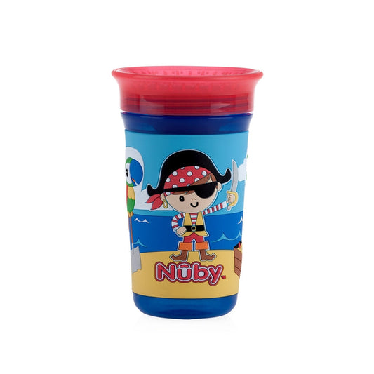 The 360 Wonder Cup by Nuby is a blue, leak-resistant cup with a red lid, featuring a cartoon pirate, parrot, treasure chest, and beach scene—ideal for helping your child transition from bottle to cup.