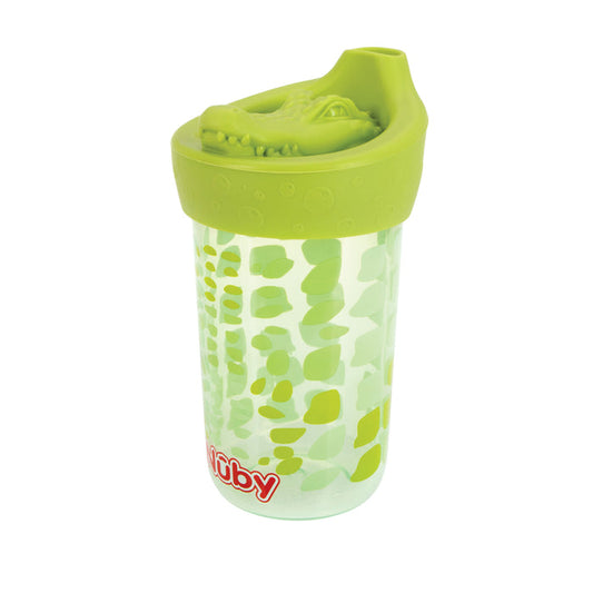 The Nuby 3D Character Soft Spout Sippy Cup | Green Alligator has a crocodile-shaped lid, green scale pattern on the clear body, and features the red Nuby logo near the bottom.