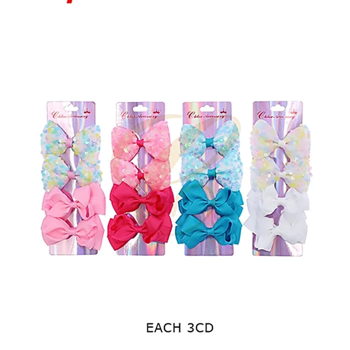 4-Piece Set Glitter Sequin and Ribbon Hair Bow Clips for Girls – 9cm Decorative Hair Accessories RBW-0598R4