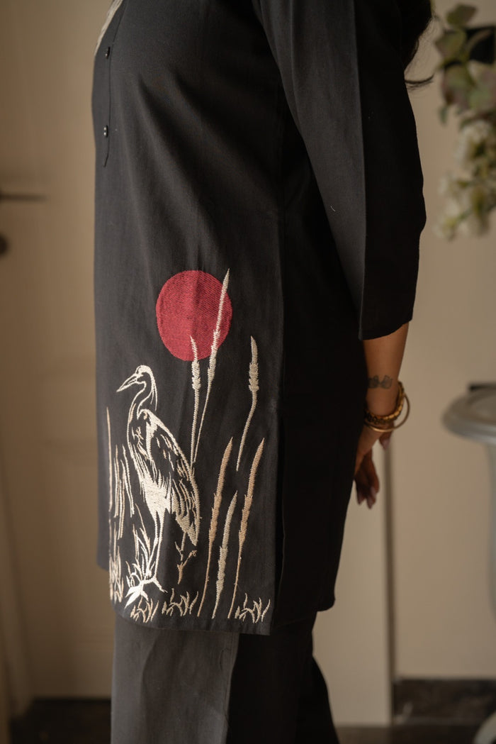 Aarya Elegant Slub Coord Set- Black